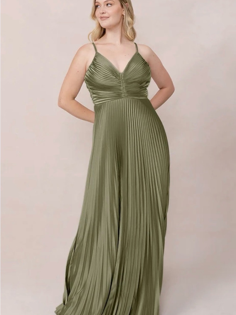 Revelry Vivian Satin Pleated Dress in Moss